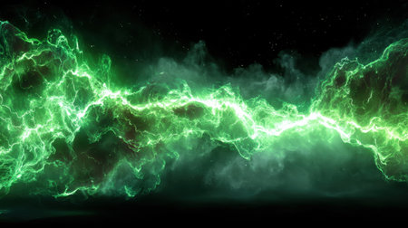 This captivating image showcases vibrant green electric lightning and energy waves, set against a mystical cosmic background with a starry night sky.の素材