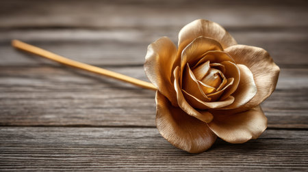 A stunning golden rose placed elegantly on a rustic wooden surface, showcasing timeless beauty and minimalist charm for decorative inspiration.の素材