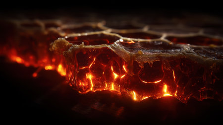 This stunning macro image showcases a glowing honeycomb structure, highlighting the intricate texture and warm, inviting light emitted from wax cells.の素材