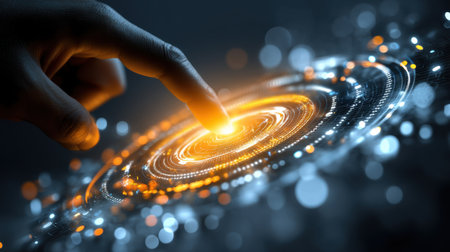 Explore the beauty of a finger touching a glowing galaxy, symbolizing connection to the cosmos with vibrant lights and swirling patterns.の素材
