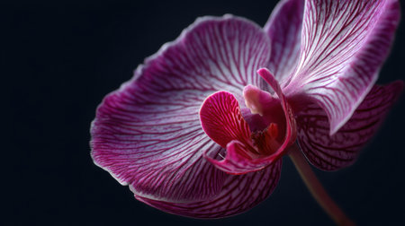 A breathtaking close-up of a purple orchid, showcasing its intricate petals and veins illuminated by soft natural light, perfect for nature lovers.の素材