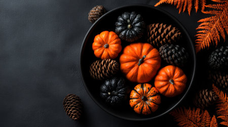 This captivating arrangement features assorted pumpkins and pinecones in a black bowl, framed by rich autumn leaves against a dark background, ideal for seasonal decor.の素材