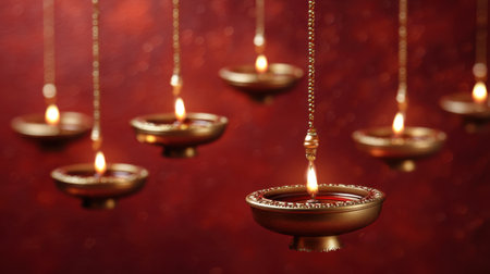 Captivating hanging lamps with flickering candles create a mesmerizing warm ambiance, perfect for festivals or intimate gatherings, celebrating culture.の素材