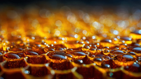 A stunning close-up view of a golden honeycomb filled with glistening droplets of honey, showcasing its rich texture and natural beauty.の素材
