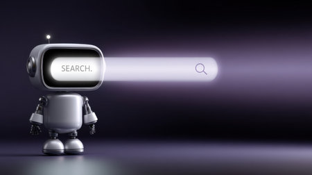 This captivating image features a futuristic robot projecting a luminous search interface against a dark backdrop, symbolizing technological exploration and innovation.の素材