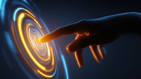 A hand reaches out to a luminous circular interface, showcasing a blend of vibrant light effects and digital elements in a futuristic setting.の素材