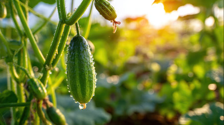 A detailed close-up view of a fresh green gourd with water droplets, captured at sunrise in a vibrant vegetable garden, highlighting nature's beauty.の素材
