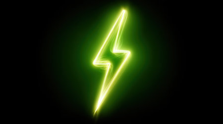 This image features a bright green lightning bolt glowing against a black background. It symbolizes electric energy and dynamic motion, ideal for creative projects.の素材