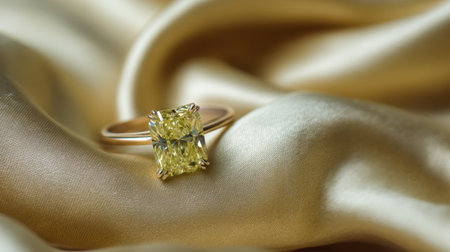 This stunning yellow diamond ring rests gracefully on soft satin fabric, highlighting its brilliance and luxurious appeal. Perfect for elegant occasions.の素材