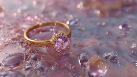 This image showcases an elegant gold ring featuring a stunning pink gemstone, placed on a shimmering surface with water droplets, creating a luxurious and captivating aesthetic.の素材