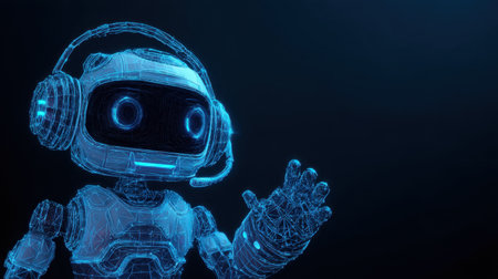 This image showcases a futuristic robot character designed with a glowing wireframe. The friendly expression and headphones suggest interaction and communication in a digital world.の素材