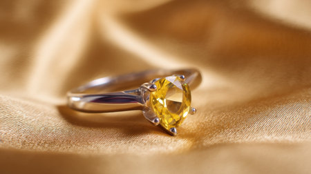 This stunning image captures an elegant yellow gemstone ring elegantly set against a soft satin background, exuding luxury and sophistication.の素材