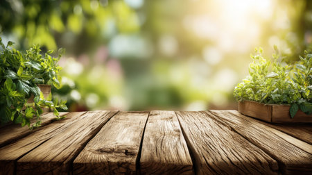A rustic wooden table adorned with fresh herbs captures a serene moment in a garden. The soft sunlight enhances the vibrant greenery, creating an inviting atmosphere perfect for relaxation and inspiration in any gardening endeavor.の素材