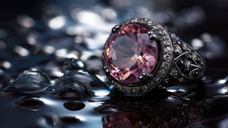 A stunning vintage ring showcases a large pink gemstone set in intricate silver details, reflecting light beautifully against a dark, watery background.の素材
