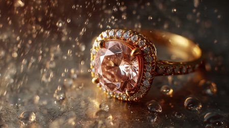 A stunning pink gemstone ring shines with diamond accents, elegantly displayed against a reflective surface with gentle water droplets.の素材