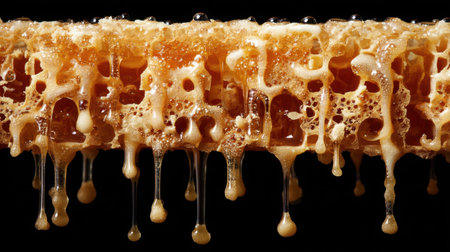 A captivating close-up of honeycomb dripping with golden honey droplets, showcasing the rich textures and natural sweetness on a dark backdrop.の素材