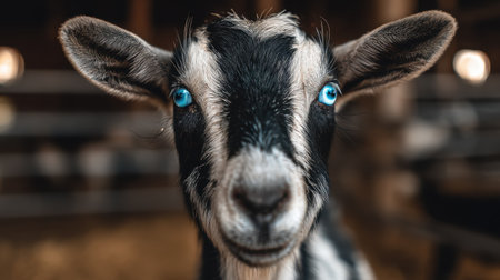 A close-up view of an adorable goat showcasing its unique blue eyes and charming expression, set against a rustic farm barn backdrop.の素材