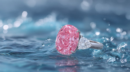 This captivating image showcases a beautiful pink gemstone ring with sparkling accents, set against a shimmering blue water background. Perfect for luxury jewelry themes.の素材
