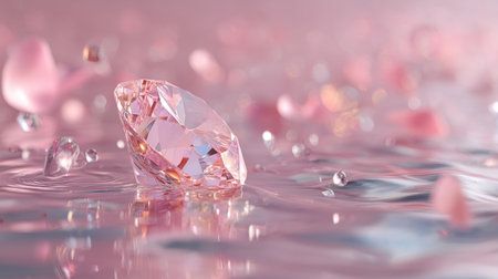 A stunning pink diamond rests on a gentle water surface, surrounded by soft flower petals and sparkling raindrops, creating a serene and elegant atmosphere.の素材