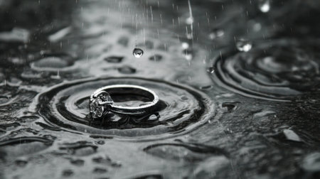 A captivating silver engagement ring positioned on a rain-soaked surface, with droplets creating mesmerizing ripples, showcasing elegance and romance.の素材