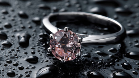A stunning pink gemstone ring glimmers on a wet surface, accentuated by glistening droplets, evoking luxury and elegance for fashion enthusiasts.の素材