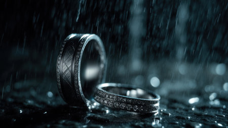 Two stunning wedding rings sit close together, glistening under soft light as raindrops cascade around them, creating a romantic, intimate atmosphere.の素材
