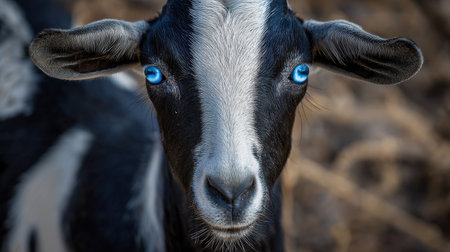Discover a captivating close-up image of a goat showcasing its striking blue eyes, evoking curiosity and charm against a softly blurred natural background.の素材