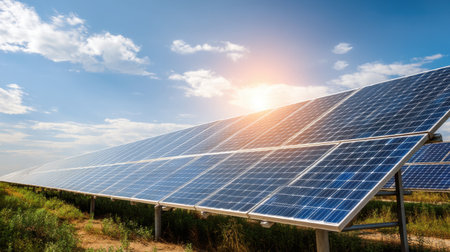 This image showcases solar panels arrayed in a scenic landscape, capturing sunlight in a green field, illustrating clean energy potential.の素材