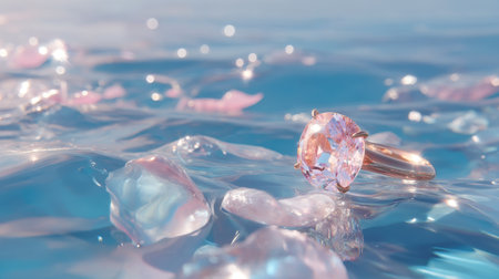 A stunning pink gemstone ring rests on a glistening water surface, surrounded by soft jellyfish, evoking a sense of elegance and tranquility.の素材