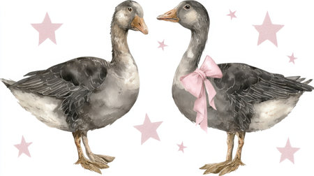 This enchanting illustration features a charming pair of ducks adorned with a pink bow and surrounded by playful stars. Ideal for children's decor.の素材