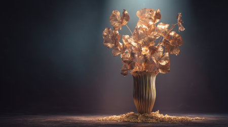 This stunning artwork features a copper flower sculpture in a sophisticated vase, illuminated by soft light creating captivating shadows.の素材