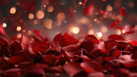 A captivating image of delicate red rose petals scattered on a soft background, enhanced by glimmering bokeh lights, creating a romantic ambiance.の素材