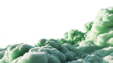 This captivating image showcases soft green clouds billowing against an ethereal white background, creating a tranquil and dreamy atmosphere perfect for various artistic and design purposes.の素材