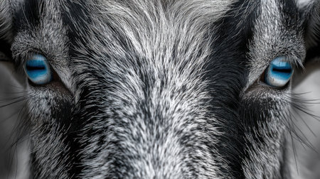 This captivating close-up image features a goat with captivating blue eyes and a textured fur coat, highlighting its unique expression and character.の素材