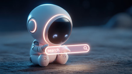 A charming robot astronaut sits on a distant planet, radiating curiosity with a glowing search bar, embodying tech innovation and exploration.の素材