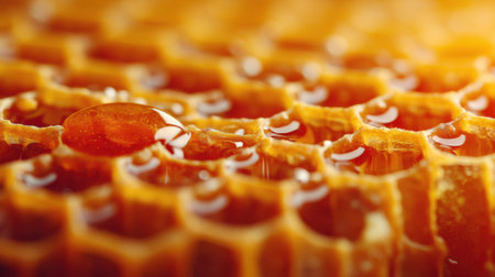 This close-up image showcases a beautifully detailed honeycomb with glistening droplets of honey. The golden hue and intricate pattern highlight the natural sweetness and health benefits.の素材