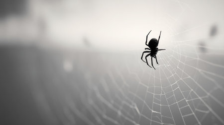 A close-up view of a spider resting on its intricate web, beautifully captured in black and white, highlighting the delicate details and atmospheric mood.の素材