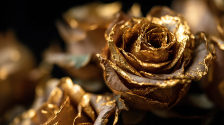 Close-up of beautiful golden roses on a dark background, highlighting their intricate textures and luxurious appearance, perfect for decorations.の素材