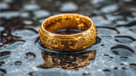 A stunning golden ring rests on a reflective surface adorned with water droplets, creating a captivating scene of elegance and beauty.の素材