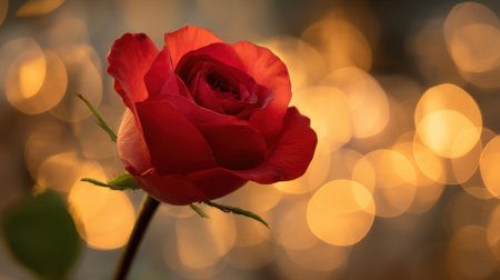 A stunning red rose stands elegantly against a softly blurred golden background, capturing the essence of beauty and romance.の素材