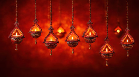 Experience the beauty of ornate hanging oil lamps that illuminate a warm red background, creating a vibrant and festive atmosphere perfect for celebrations.の素材