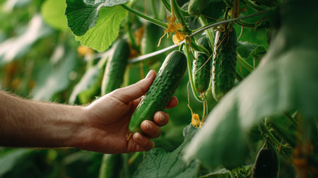 An engaging image capturing the moment of harvesting fresh cucumbers by hand in an organic garden. Lush green leaves and bright blossoms enhance the vibrant atmosphere, perfect for nature and food enthusiasts.の素材