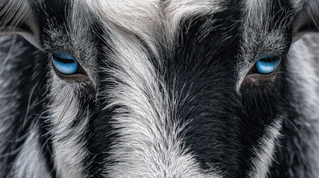 This close-up portrait captures the stunning features of a black and white goat, highlighting its striking blue eyes and soft fur texture.の素材