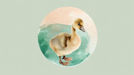 This enchanting illustration features a cute gosling standing near peaceful water. Ideal for nature enthusiasts, this artwork embodies the innocence and charm of wildlife.の素材