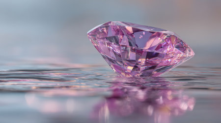 A stunning pink diamond gemstone elegantly rests on a calm water surface, showcasing its intricate cuts and vibrant reflections. Ideal for themes of luxury and beauty.の素材