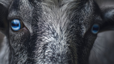 This captivating close-up showcases the face of a goat, highlighting its striking blue eyes and intricate fur texture, ideal for nature enthusiasts.の素材