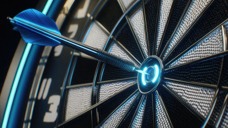 A striking close-up image of a dart piercing the bullseye on a neon-lit dartboard, showcasing the thrill of competition and precision. Perfect for game night themes.の素材