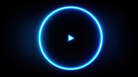 A striking neon play button enclosed in a luminous circular frame against a dark backdrop, perfect for digital media and technology themes.の素材