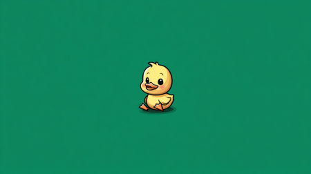 A charming and cute baby duckling stands on a vibrant green background, embodying joy and innocence in a playful illustration perfect for children.の素材