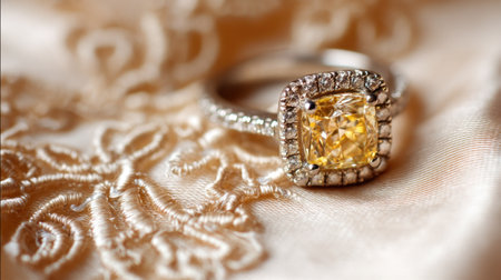 This stunning yellow diamond ring showcases a captivating design, beautifully nestled on soft satin fabric, exuding luxury and elegance.の素材